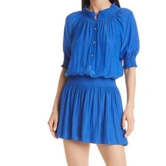 Ramy Brook Pierre Smocked Waist Elbow Sleeve Mosaic Blue Mini Dress, size m, NWT - Picture 2 of 12